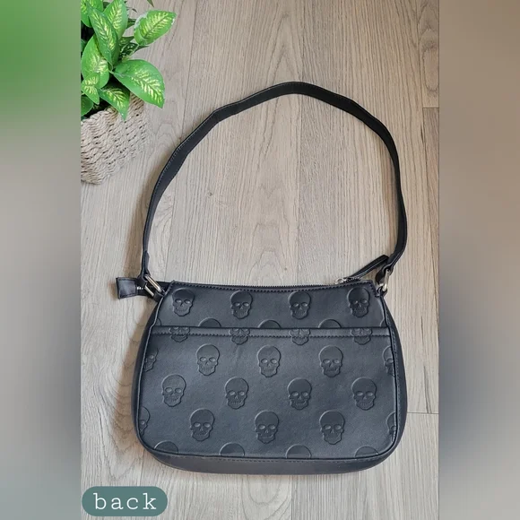 Mad Engine Monogram Skull Embossed Black Shoulder Zippered Bag, 19" - Picture 14 of 16